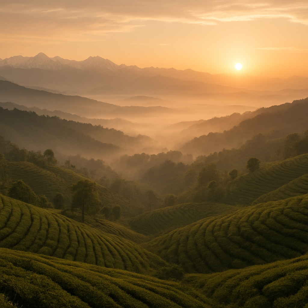 A North Bengal valley at dawn with layered tea garden hills and distant snow mountains