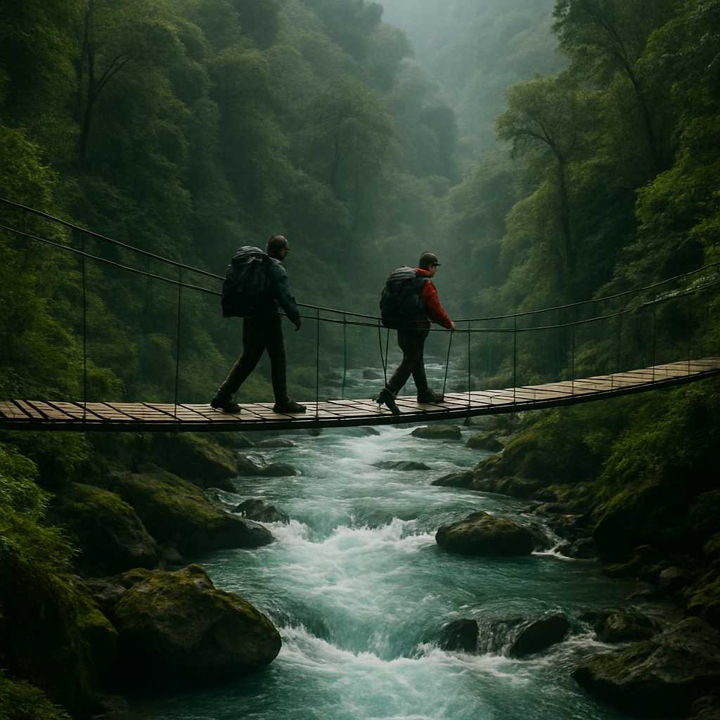 Hikers crossing a wooden suspension bridge over a teal river in a forest valley