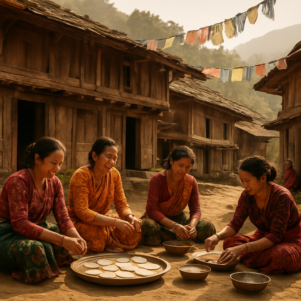 A Himalayan village community with prayer flags and traditional homes in North Bengal