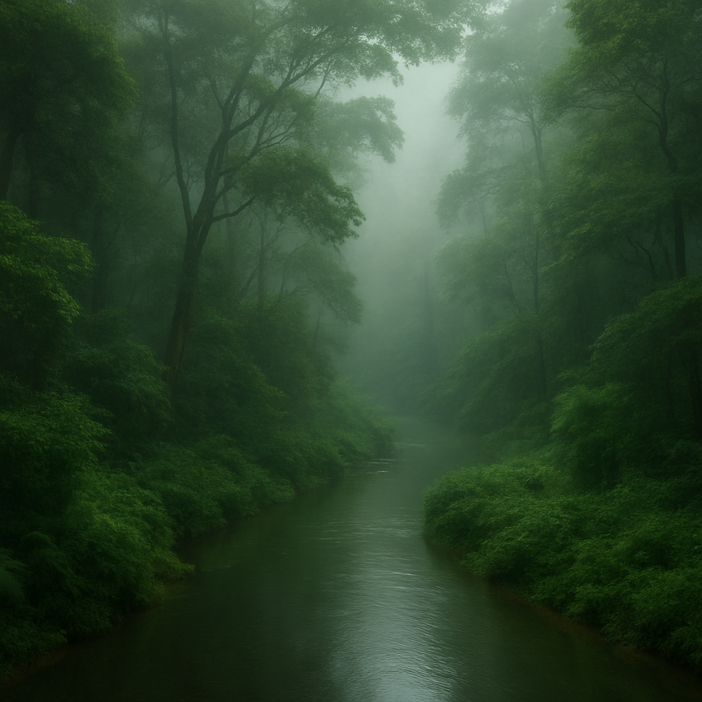 A misty Dooars forest with a calm river winding through dense green canopy