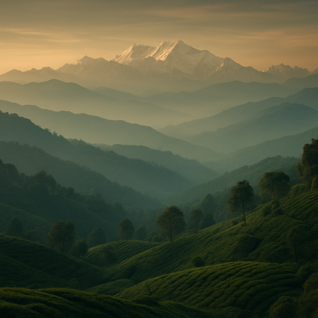 Misty Himalayan ridges and tea garden hills of North Bengal at golden hour