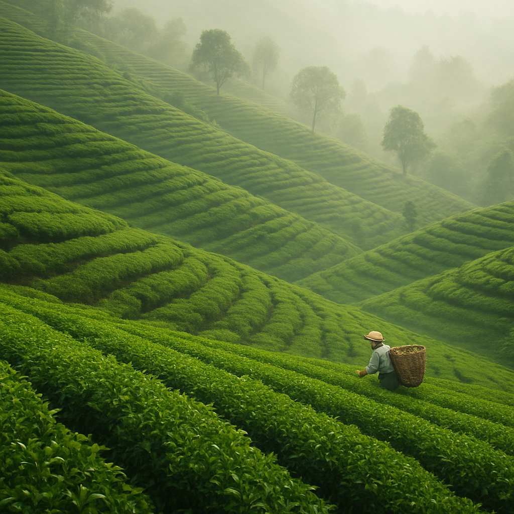 Rolling green tea gardens on terraced hills in North Bengal