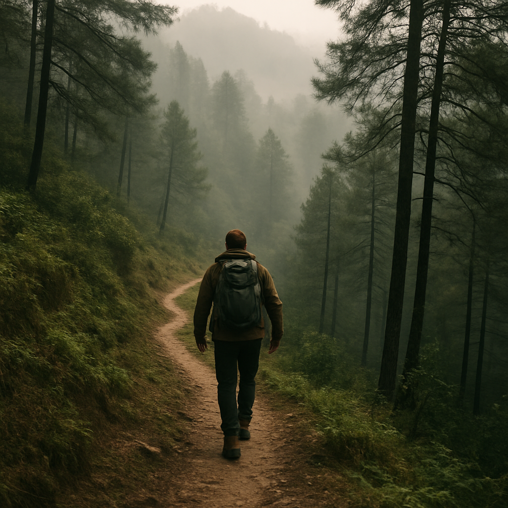 A traveler trekking a misty pine forest trail in the North Bengal hills